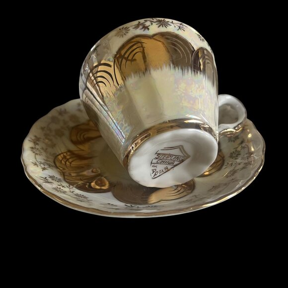 Vintage Sterling China Floral Gold Opalescent Demitasse Set Of 6 Cups & Saucers - Picture 6 of 9